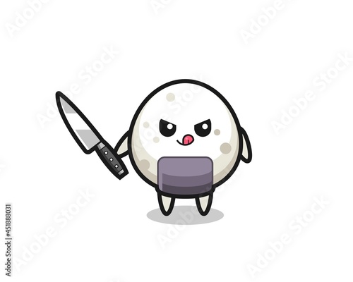 cute onigiri mascot as a psychopath holding a knife