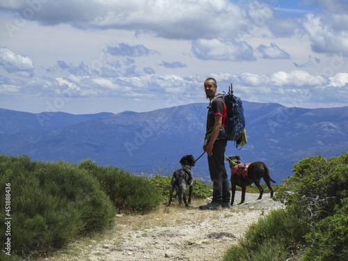 Принти на полотні Closeup shot of a Caucasian male hiking in the mountains with his dogs