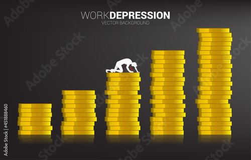 silhouette of businessman crawling on stack of coin graph. Concept for depression business in work.
