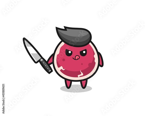 cute beef mascot as a psychopath holding a knife