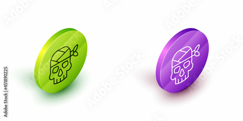 Isometric line Pirate captain icon isolated on white background. Green and purple circle buttons. Vector