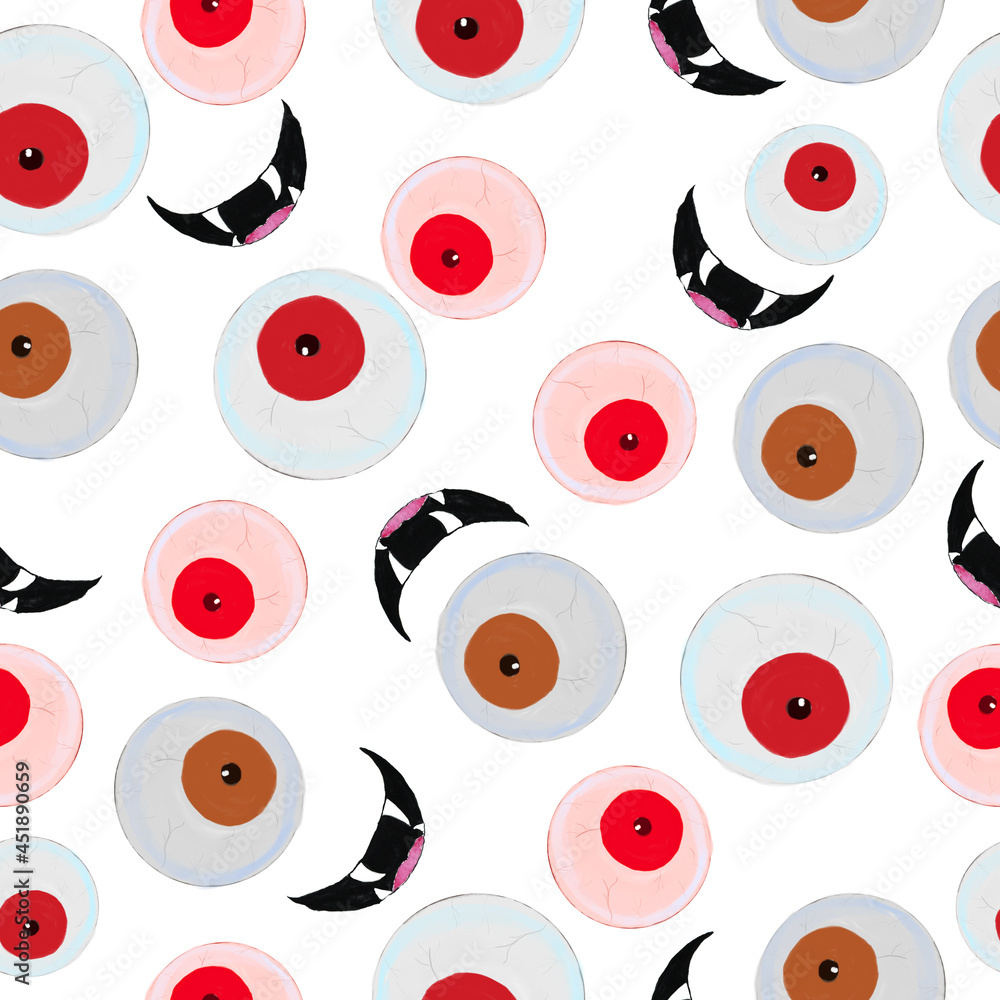 Fototapeta premium Seamless pattern with eyes. Illustration for a holiday, a party and invitations. Decoration for the interior. Printing for a T-shirt. A festive composition for the design of the fabric. Halloween