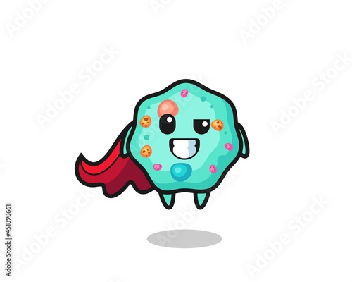 the cute amoeba character as a flying superhero