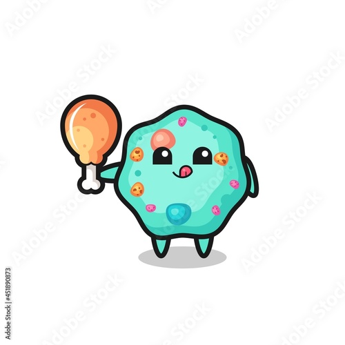 amoeba cute mascot is eating a fried chicken
