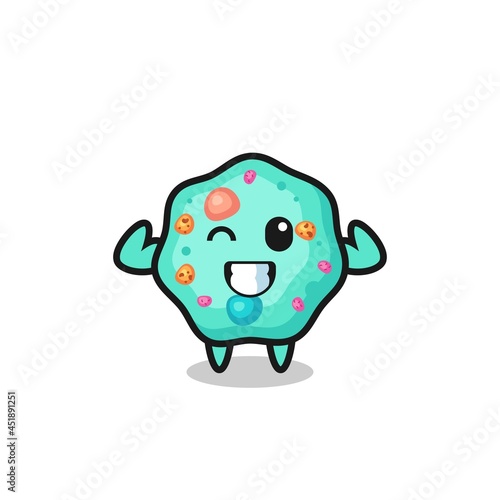 the muscular amoeba character is posing showing his muscles