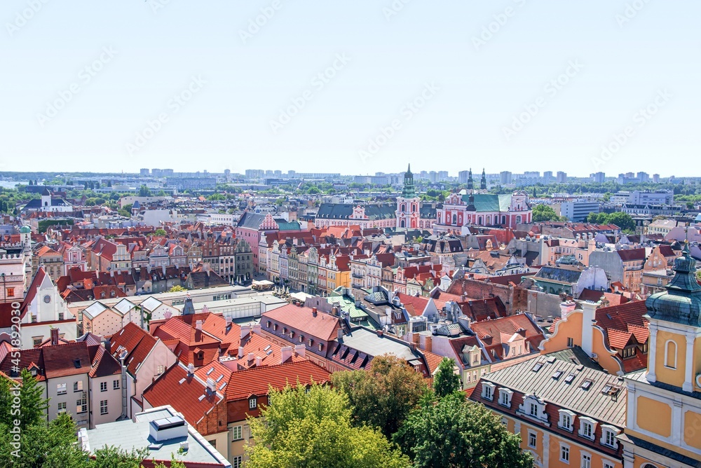 The roofs are red of the old city, the historical center of Poland. View from height