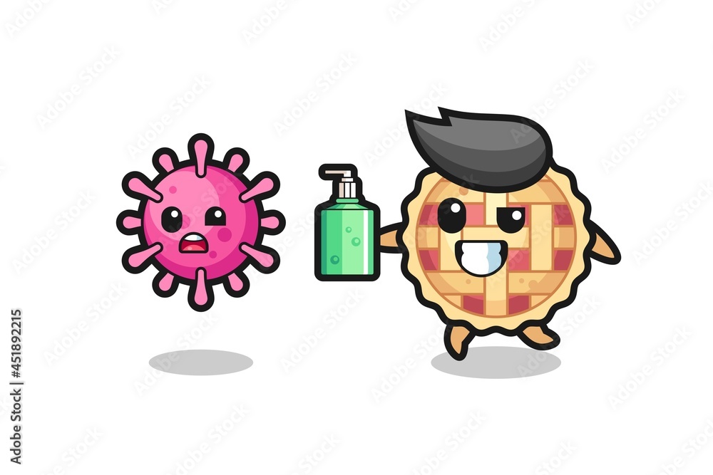 illustration of apple pie character chasing evil virus with hand sanitizer