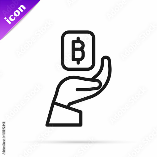 Black line Hand holding Bitcoin icon isolated on white background. Blockchain technology, digital money market, cryptocoin wallet. Vector