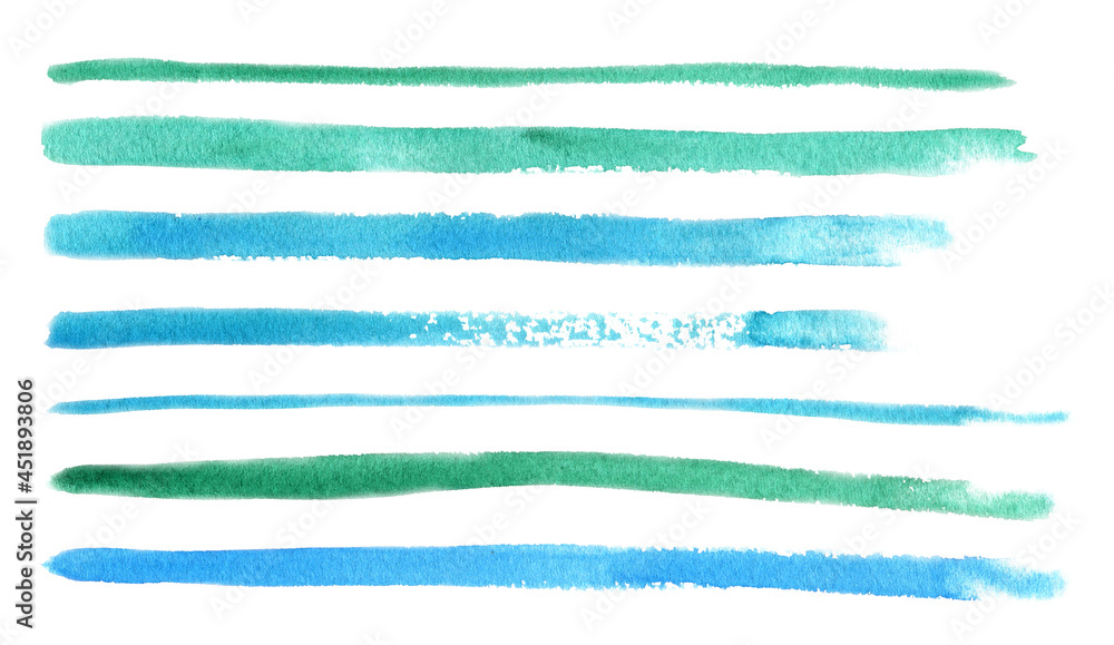 Watercolor lines of blue and green color. A set of paint strips. Clipart on a white background.  A template of picturesque stripes on design paper. Decorative long stroke on paper. hand drawn