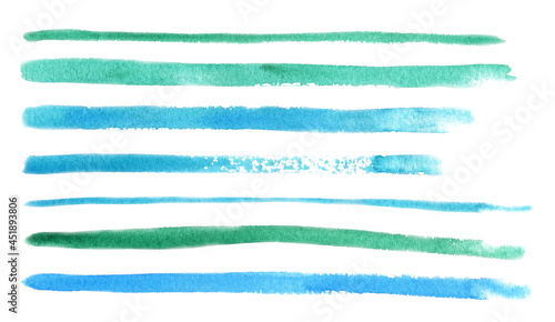 Watercolor lines of blue and green color. A set of paint strips. Clipart on a white background. A template of picturesque stripes on design paper. Decorative long stroke on paper. hand drawn