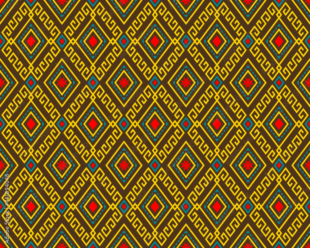 Yellow Green Tribe or Ethnic Seamless Pattern on Brown Background in Symmetry Rhombus Geometric Bohemian Style for Clothing or Apparel,Embroidery,Fabric,Package Design