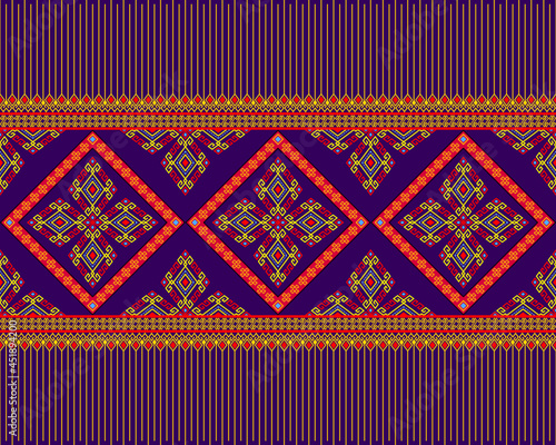 Yellow Red Native or Tribe Seamless Pattern on Purple Background in Symmetry Rhombus Geometric Bohemian Style for Clothing or Apparel,Embroidery,Fabric,Package Design