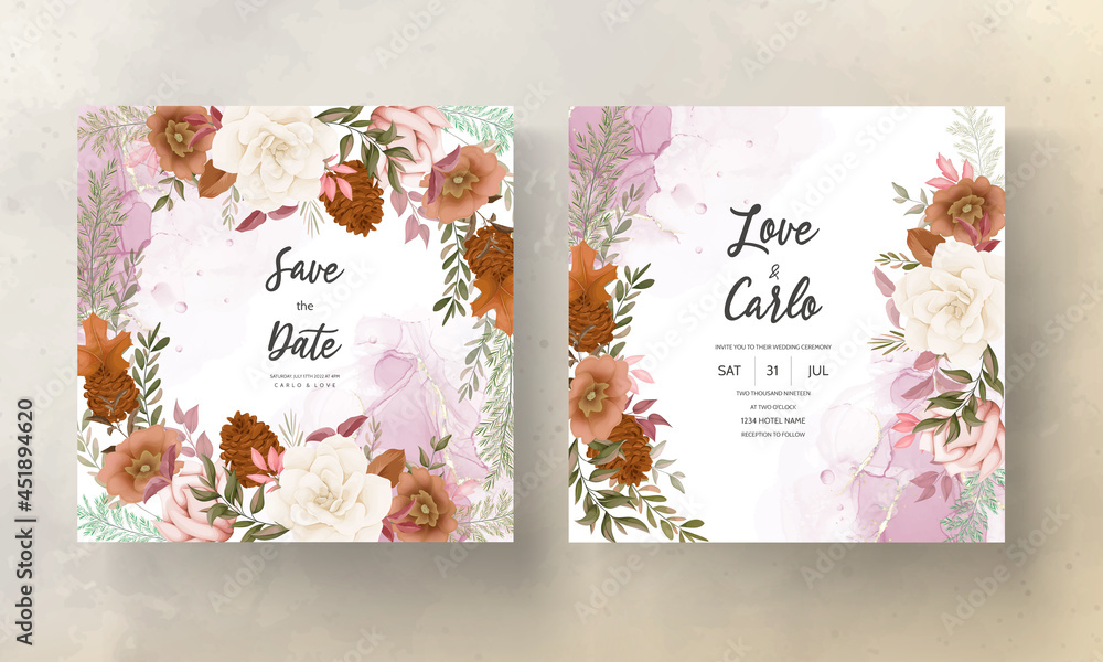 autumn floral wedding invitation card with rose and pine flower