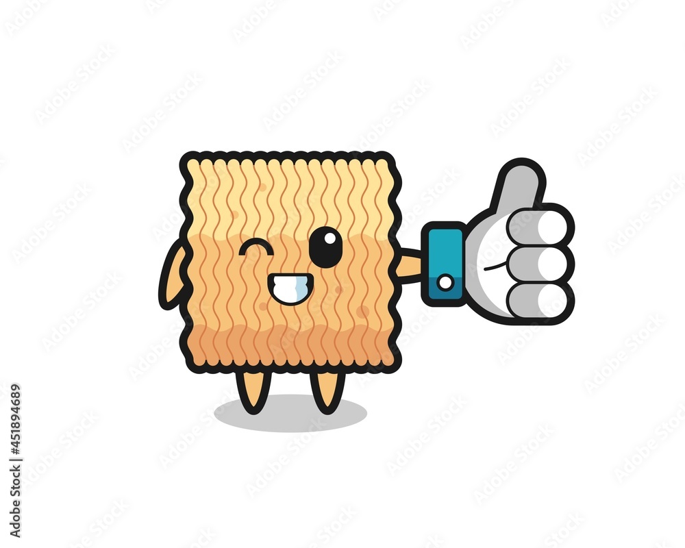 cute raw instant noodle with social media thumbs up symbol