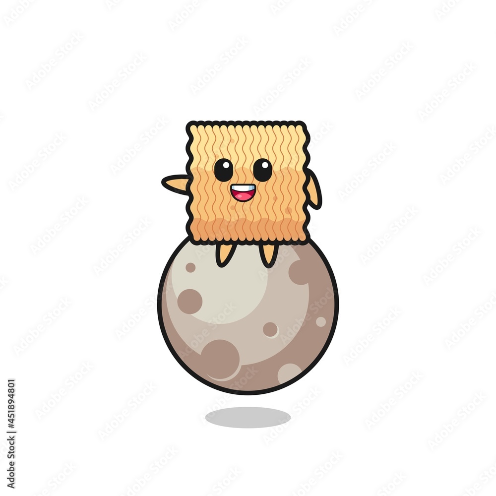 illustration of raw instant noodle cartoon sitting on the moon illustration of raw instant noodle cartoon sitting on the moon
