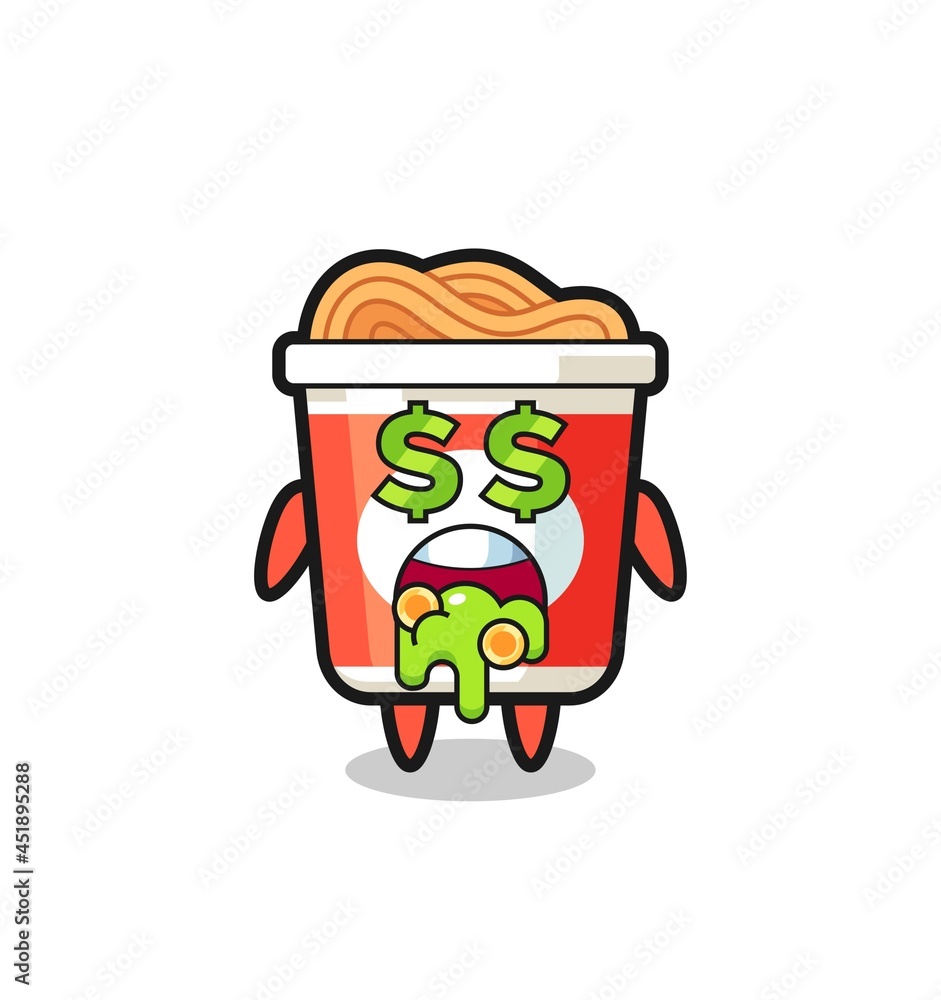 instant noodle character with an expression of crazy about money