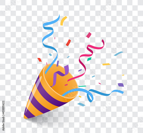 Party popper with Colorful Confetti and ribbon celebrations design isolated on transparent background