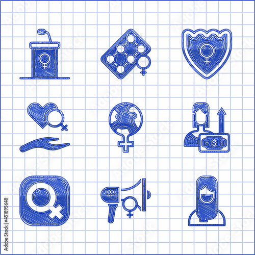 Set Feminism in the world, Feminist activist, Muslim woman hijab, Money growth, Female gender, Heart with female, Gender shield, and Debate podium rostrum icon. Vector