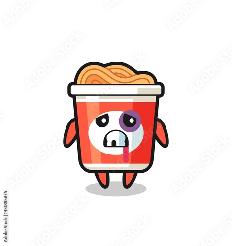 injured instant noodle character with a bruised face