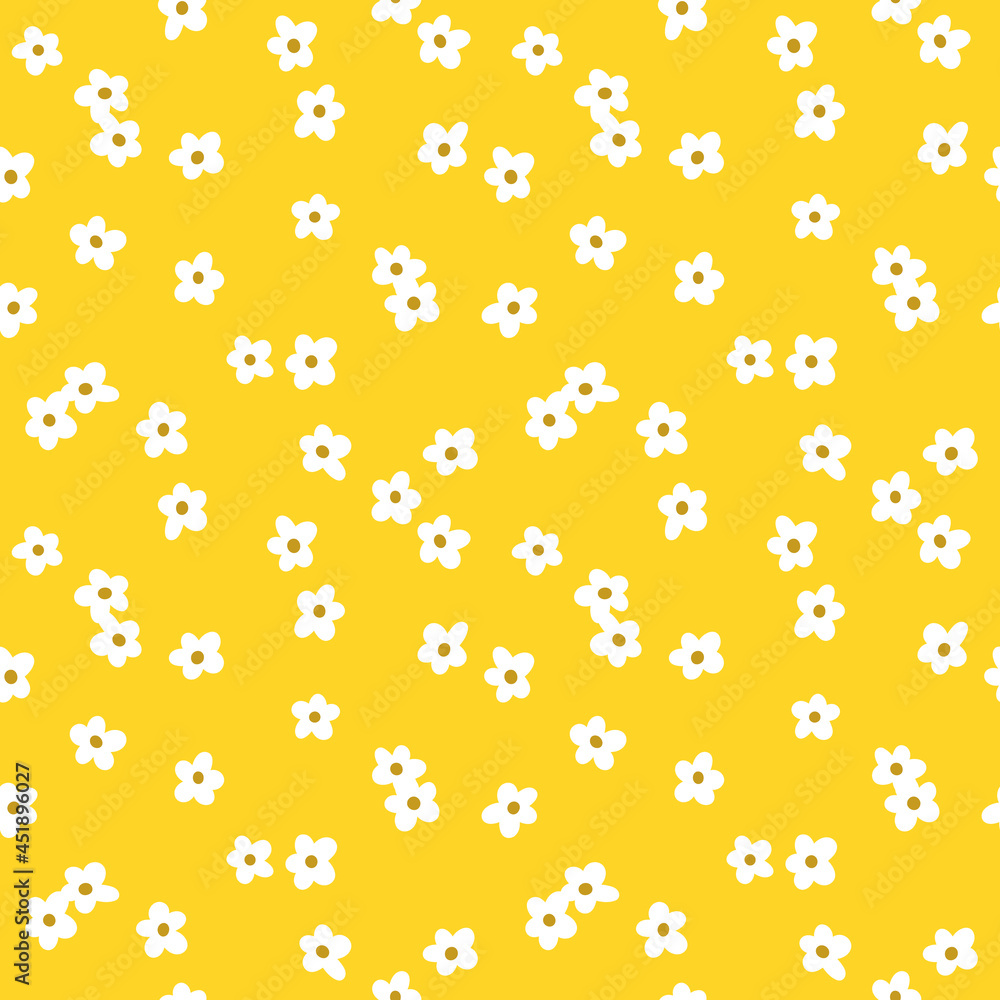 Seamless pattern with white flowers on the yellow background. Vector summer pattern. Cute floral pattern for fabric, textile, etc. Tiny flowers fabric pattern.