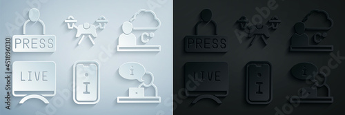 Set Information, Weather forecast, Live report, Television, Drone and Journalist news icon. Vector