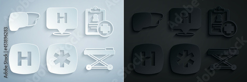 Set Emergency - Star of Life, Patient record, Hospital signboard, Stretcher, Location hospital and Human organ liver icon. Vector
