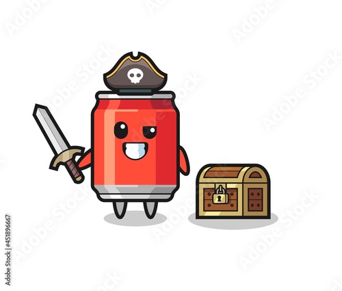 the drink can pirate character holding sword beside a treasure box