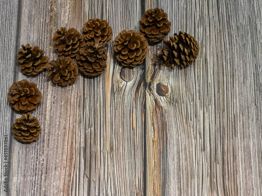 pine cones on wooden background with space for text pine cones on wooden background with space for text