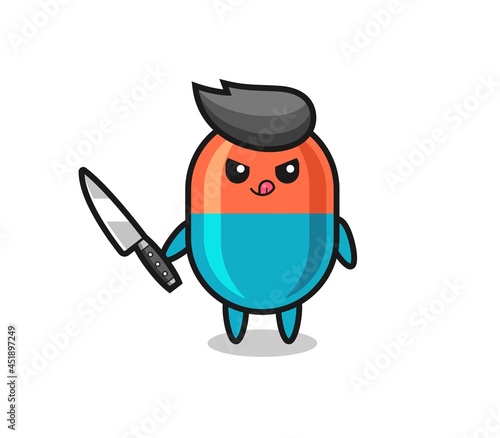 cute capsule mascot as a psychopath holding a knife