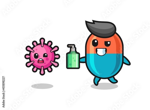 illustration of capsule character chasing evil virus with hand sanitizer