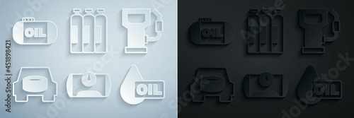 Set Gas tank for vehicle, Petrol gas station, Spare wheel in the car, Oil drop, Industrial cylinder and storage icon. Vector