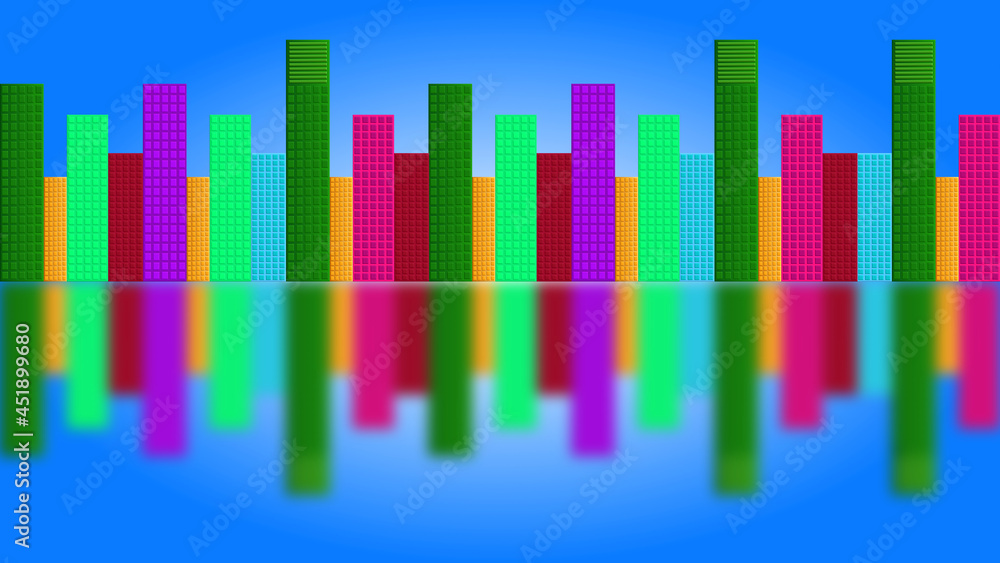 Illustration of colorful buildings along the waterline with their blurred reflections