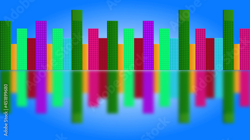 Illustration of colorful buildings along the waterline with their blurred reflections