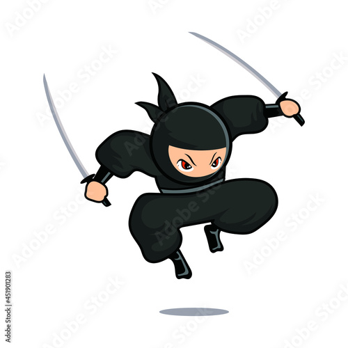 Cartoon black ninja jump with two swords