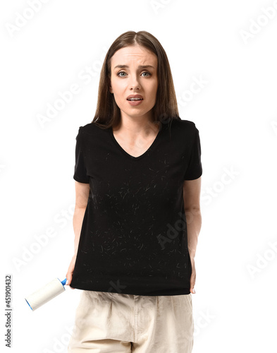 Upset young woman with lint...