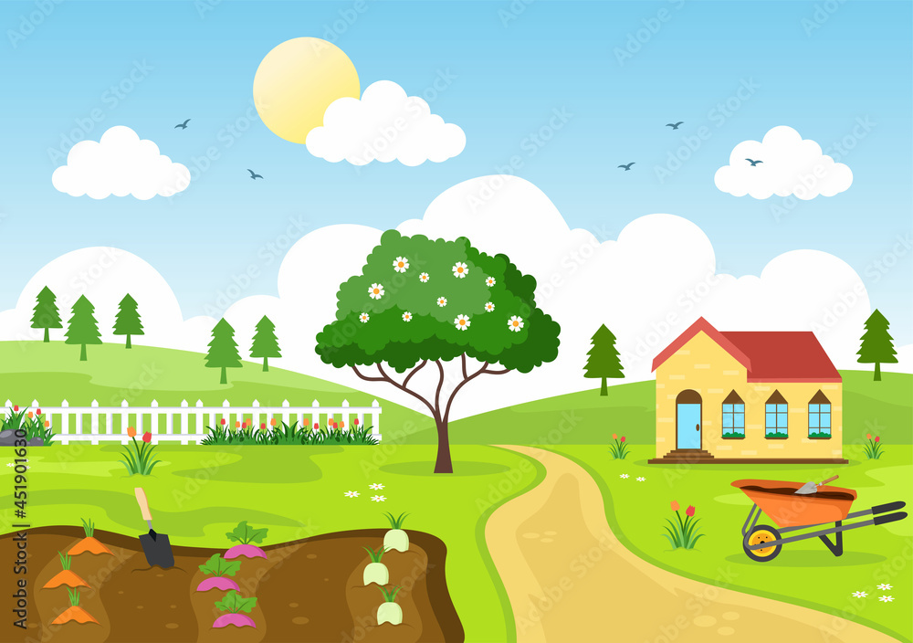 Farm Gardener Background Vector Illustration With A Landscape Of Gardens, Flowers, Vegetables Planted, Wheelbarrow, Shovel And Equipment in Flat Design Style Farm Gardener Background Vector Illustration With A Landscape Of Gardens, Flowers, Vegetables Planted, Wheelbarrow, Shovel And Equipment in Flat Design Style