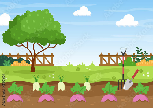 Farm Gardener Background Vector Illustration With A Landscape Of Gardens, Flowers, Vegetables Planted, Wheelbarrow, Shovel And Equipment in Flat Design Style