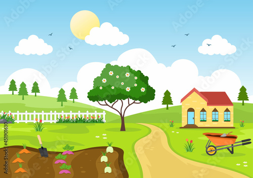 Farm Gardener Background Vector Illustration With A Landscape Of Gardens, Flowers, Vegetables Planted, Wheelbarrow, Shovel And Equipment in Flat Design Style