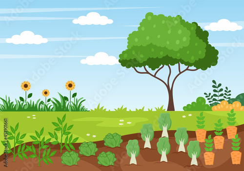 Farm Gardener Background Vector Illustration With A Landscape Of Gardens, Flowers, Vegetables Planted, Wheelbarrow, Shovel And Equipment in Flat Design Style