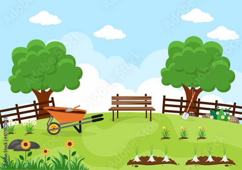 Farm Gardener Background Vector Illustration With A Landscape Of Gardens, Flowers, Vegetables Planted, Wheelbarrow, Shovel And Equipment in Flat Design Style