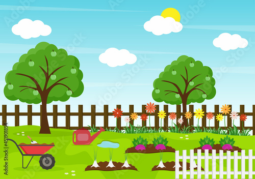 Farm Gardener Background Vector Illustration With A Landscape Of Gardens, Flowers, Vegetables Planted, Wheelbarrow, Shovel And Equipment in Flat Design Style