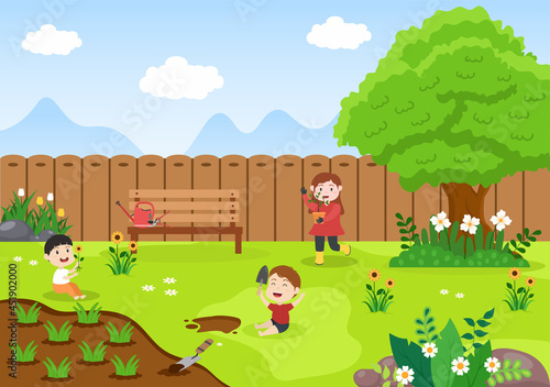 Farm Gardener Background Vector Illustration With A Landscape Of Gardens, Flowers, Vegetables Planted, Wheelbarrow, Shovel And Equipment in Flat Design Style