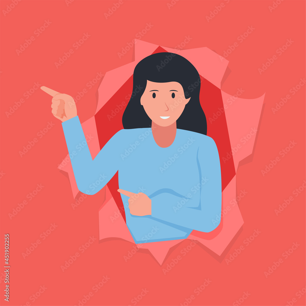 Woman point his finger coming out from torn paper Woman point his finger coming out from torn paper