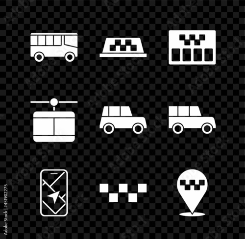 Set Bus, Taxi car roof, Taximeter, City map navigation, Location with taxi, Cable and Car icon. Vector