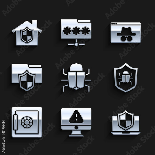 Set System bug, Monitor with exclamation mark, Laptop protected shield, Safe, Document folder protection, Browser incognito window and House under icon. Vector