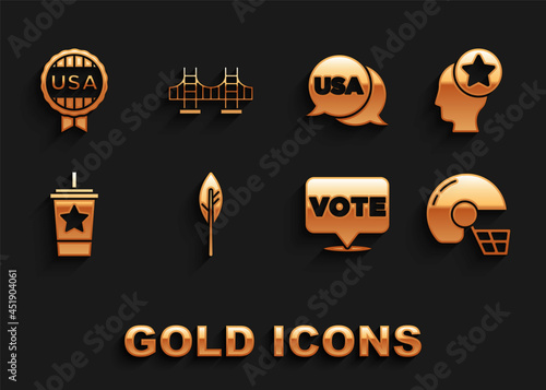 Set Indian feather, USA Head, American football helmet, Vote, Paper glass with straw, Independence day, Medal star and Golden gate bridge icon. Vector