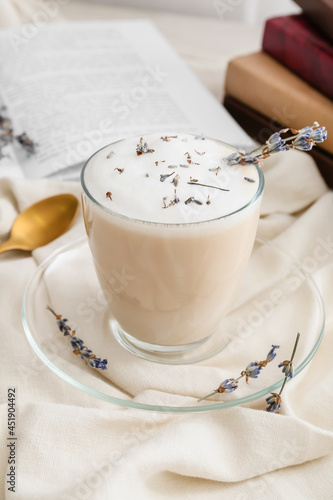 Glass of tasty lavender lat...