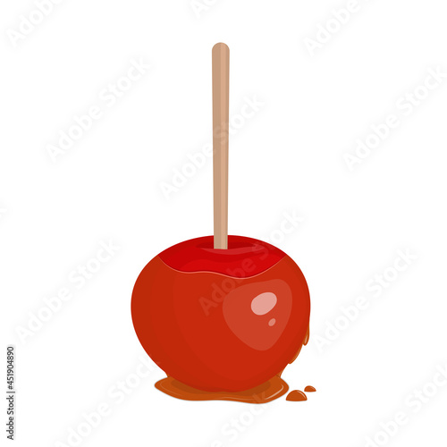 Red apple in caramel on stick. Festive treat. Vector illustration.