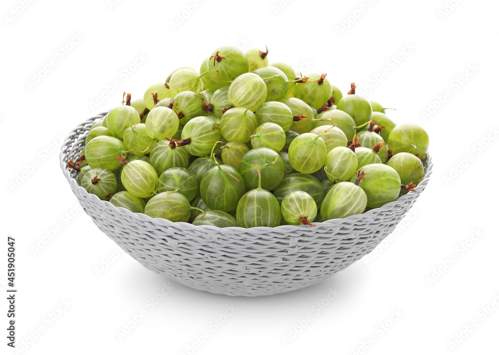 Bowl with fresh ripe gooseberry on white background