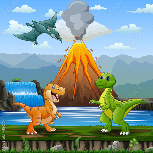 Cute dinosaurs with volcano erupting background illustration